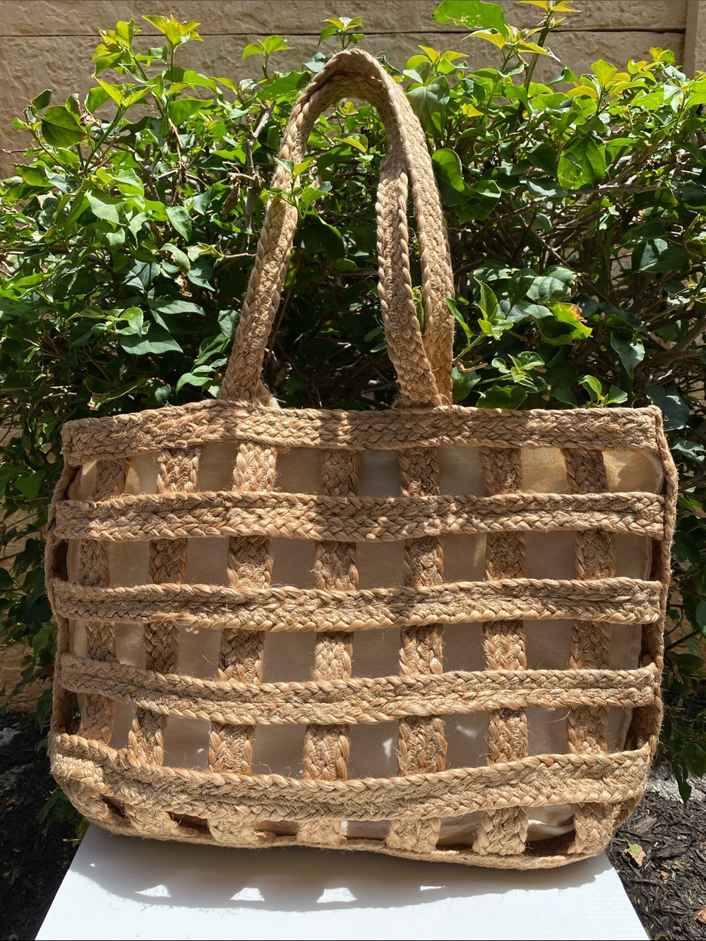 Natural Woven Jute Tote Bag - Beige